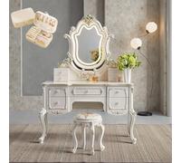 LVYWEX Coiffeuse, Coiffeuse avec Miroir Et Éclairage, 3 Modes D'éclairage, 5 Tiroirs en Bois, 1 Tabouret, 1 Boîte À Bijoux, Style Rétro Européen