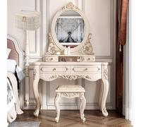 LVYWEX Coiffeuse De Style Européen, Beaucoup De Rangement, Coiffeuse en Bois avec Miroir, Lumières, Tabouret Et Trousse De Maquillage(100cm)