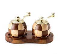 LVYXON Lot de 2 moulins à poivre et sel en bois avec motif échiquier à manivelle pour cuisine, assaisonnement, pot de rangement (deux ensembles + base)