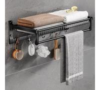 LWJUWOKL Porte Serviette Étagère Porte-Serviette Porte-Manteau Mural avec Rangement,Porte Serviette Salle de Bain Noir avec Crochets,Porte-Serviette Mural pliable-50cm
