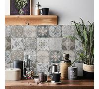 LWLFC Carrelage Adhésif 20x20 Fleur Grise, 24 Pcs Stickers Muraux Salle de Bains Cuisine, Résistant à l'Eau, Étanche, Champêtre