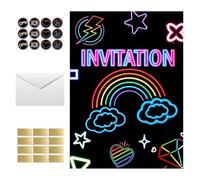 LWMTT 12 Cartes d'Invitation Anniversaire thème Néon,Invitation Créative à Gratter avec Enveloppes,Carte Anniversaire Arc en Ciel,Carte a Gratter et Autocollants, Carte Invitation Anniversaire Fille