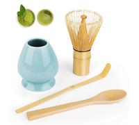 LWMTT 4 Pièces Fouet Matcha Kit, Fouet Matcha 80 Dents Matcha Kit, Cuillère Traditionnelle, Support Fouet pour Matcha, Kit Matcha Complet sont Cadeau pour Noël et Anniversaires - Bleu
