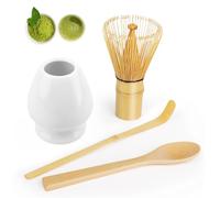 LWMTT 4 Pièces Fouet Matcha Kit, Fouet Matcha 80 Dents Matcha Kit, Cuillère Traditionnelle, Support Fouet pour Matcha, Kit Matcha Complet sont Présent Parfait pour Noël et Anniversaires - Blanc