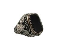 LWXLP Bague chevalière turque faite à la main pour hommes, Vintage, couleur argent, motif sculpté, incrustation de Zircon vert, bague Punk de fête