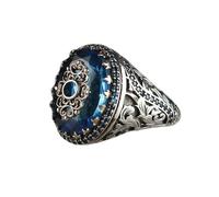LWXLP Bague chevalière turque faite à la main pour hommes, Vintage, couleur argent, motif sculpté, incrustation de Zircon vert, bague Punk de fête