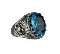 LWXLP Bague chevalière turque faite à la main pour hommes, Vintage, couleur argent, motif sculpté, incrustation de Zircon vert, bague Punk de fête