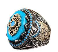 LWXLP Bague chevalière turque faite à la main pour hommes, Vintage, couleur argent, motif sculpté, incrustation de Zircon vert, bague Punk de fête