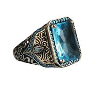 LWXLP Bague chevalière turque faite à la main pour hommes, Vintage, couleur argent, motif sculpté, incrustation de Zircon vert, bague Punk de fête