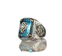 LWXLP Bague chevalière turque faite à la main pour hommes, Vintage, couleur argent, motif sculpté, incrustation de Zircon vert, bague Punk de fête