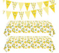 LWYGEGJO Lot de 4 décorations Lemon Party Nappe Lemonade Bannières triangulaires Lemon 86” x 51” Nappe rectangulaire Lemonade Fête des Fruits printaniers Baby Shower Décorations d'anniversair