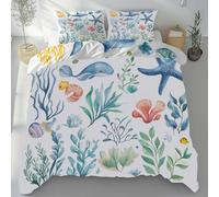 Lwznbio Housse de Couette 90x190 Étoile De Mer Dauphin Parure de Lit 1 Personne avec 2 Taies d'oreiller 65x65 cm Vie Marine Réversible Drap Microfibre Doux Zippée