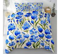 Lwznbio Housse de Couette 90x190 Fleur D'iris Bleu Parure de Lit 1 Personne avec 2 Taies d'oreiller 65x65 cm Motif Floral Champ De Fleurs Réversible Drap Microfibre Doux zippée