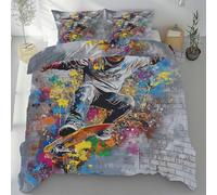 Lwznbio Housse de Couette 90x190 Skateboard Graffiti Parure de Lit 1 Personne avec 2 Taies d'oreiller 65x65 cm Extrême Sports Réversible Drap Microfibre Doux Zippée