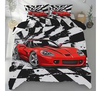 Lwznbio Housse de Couette 90x190 Voiture De Sport De Course Parure de Lit 1 Personne avec 2 Taies d'oreiller 65x65 cm Grille Noir Et Blanc Réversible Drap Microfibre Doux zippée