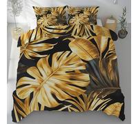 Lwznbio Parure de Lit Respirante 2 Personnes 220x240 Feuilles de Monstera Dorées Housse de Couette Adulte avec Zippée Plante Tropicale Couette Doux Microfibre avec 2 Taies d'oreiller 65x65 cm