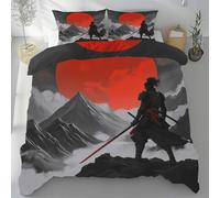 Lwznbio Samourai JaponaisHousse de Couette 200x200 Été Doux Montagne Coucher de Soleil Parure de Lit en Microfibre avec Fermeture Éclair pour Lit Doubl avec 2 Taies d'oreiller 65x65 cm