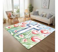 Lwznbio Tapis Chambre Doux 160x230 cm Tulipe Croix Tapis de Salon Grand Lavable en Machine Poil Ras Motif Floral Carpet Antidérapant pour Salle de Lavage, Salle à Manger