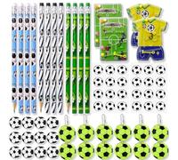 LXBCTOP 64 Pièces Thème Football, 12 Crayons de Football, 12 Gommes de Football, 12 Pendentifs Réflecteurs Football, 4 Jeux de Flipper Football, 24 Autocollants de Football, Fourniture Scolaire