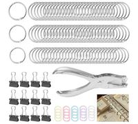 LXBCTOP Lot de 110 anneaux de reliure pour feuilles mobiles de 20, 25, 30 mm, anneaux en métal avec 1 perforateur, 12 clips pliables, anneaux en métal pour cartes flash, porte-clés, cartes d'index