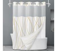 LXBNI Rideau de douche à rayures dorées et blanches sans crochet avec doublure à clipser - Ensemble de rideau de douche et doublure avec fenêtre supérieure en maille transparente, lavable en machine