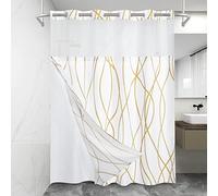 LXBNI Rideau de douche à rayures dorées et blanches sans crochet avec doublure en tissu - Ensemble de rideau de douche d'hôtel et doublure avec fenêtre supérieure en maille transparente, lavable en