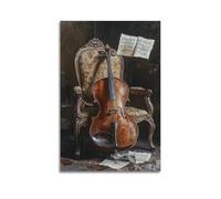 LXDSTK Impression sur toile abstraite minimaliste - Poster musique vintage avec violoncelle et partitions de musique sur chaise ornée, affiches d'œuvres d'art pour décoration murale - 50 x 75 cm