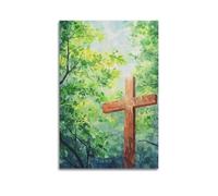 LXDSTK Impression sur toile de style familial moderne - Croix chrétienne en bois dans une forêt verte luxuriante - Œuvre d'art pour décoration de chambre à coucher - 30 x 45 cm