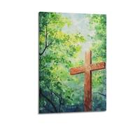 LXDSTK Impression sur toile de style familial moderne - Impressions sur toile représentant une croix chrétienne dans une forêt verte luxuriante, 50 x 75 cm, style cadre