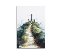 LXDSTK Impression sur toile de style moderne pour chambre à coucher - Impression sur toile de style croix sur une colline avec trois silhouettes le long d'un chemin (50 x 75 cm)