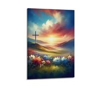 LXDSTK Impression sur toile moderne pour décoration de chambre à coucher - Affiche chrétienne sur la colline au lever du soleil avec champ de fleurs - Œuvre d'art avec cadre 20 x 30 cm