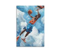 LXDSTK Poster minimaliste sur toile représentant un joueur de basket-ball dynamique qui s'envole et un cerceau de préhension avec engrenage orange et bleu vif - Art mural moderne et décoratif à