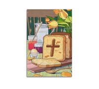LXDSTK Posters d'art mural moderne pour décoration de chambre à coucher - Impressions sur toile représentant le pain avec symbole de croix et articles de petit-déjeuner (50 x 75 cm) sans cadre