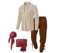 LXGKEKSKG Costume médiéval homme ensemble viking tenue renaissance chemise col mao coupe ample pantalon été loisir cosplay