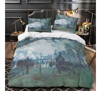 LXHASPIEO Gare Saint Lazare 3D Imprimé Monet Housse De Couette Housses De Couettes pour Adultes Et Enfants Parure De Lit avec Taies E avec Fermeture À Glissière Microfibr 23 Pièces Double（200x200cm）