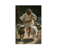LXHXMSBB The Pursuit - Jésus courant avec un agneau, loups fermant dans une décoration murale tendance - Poster d'art à suspendre et peinture murale 40 x 60 cm