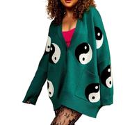 LXHZSY Cardigan Femme Cardigan Vintage à Manches Longues et col en V Profond for Femme, imprimé Carreaux/Yin-Yang, Ample(Color11)