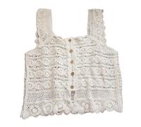 LXHZSY Gilet Sans Manche Femme Chemisier en dentelle brodée, haut au crochet, sans manches, boutonné sur le devant, cardigan maille ouverte for femme, tenue de vacances(White)