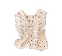LXHZSY Gilet Sans Manche Femme Gilet en crochet à volants, boutonné sur le devant, col V, tricot ouvert, chemisier court ajouré, cardigan for femme(Color1)
