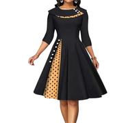 LXHZSY Robe Vintage Femme Robe Vintage à Pois for Femme, Manches Longues, Boutons, Jupe de Bureau, Patchwork, Robes de soirée et de Cocktail, Automne(Black,L)