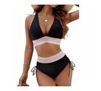 Lxing Ensemble Bikini Deux Pièces, Haut Triangle à Bretelles Croisées avec Bordure Zigzag, Dentelle Noire,XL