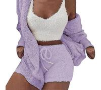Lxitoler Pyjama Pilou Pilou Femme Polaire Pyjama Set Hiver Sexy Ensemble De 3 Pièces Pyjamas Manches Longues Velours À Capuche Veste Manteau Short Crop Top