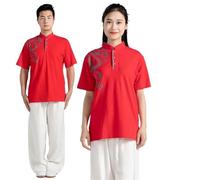 LXLAEOANG Kung Fu Chemise Seulement T-Shirt Arts Martiaux vêtements à Manches Courtes Uniforme Classique Tai Chi Hommes Petit Haut Femmes(Red,3XL)