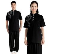 LXLAEOANG Kung Fu Chemise Seulement T-Shirt Arts Martiaux vêtements à Manches Courtes Uniforme Classique Tai Chi Hommes Petit Haut Femmes(Black2,S)
