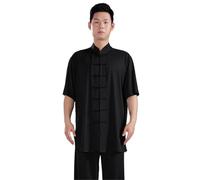 LXLAEOANG Uniforme de Kung Fu, Ensemble vêtements Traditionnels for Hommes et Femmes, Uniforme Tai Chi en Soie Lait, décontractés à Manches Courtes(Black Top,3XL)