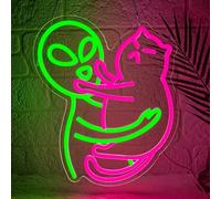 Lxmoneon Cat Enseigne au néon chat extraterrestre Enseigne lumineuse LED verte et rose pour décoration murale USB motif animal extraterrestre pour chambre à coucher salle de jeux chambre d'enfant fête