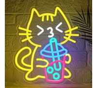 Lxmoneon Enseigne Néon Chat Boba Tea Enseigne Néon Chat Jaune LED pour Décoration Murale USB Bubble Tea Neon Lumière Animal Mignon Sign LED pour Chambre Dessert Bar Café Cuisine Restaurant Fête