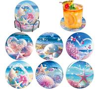 Lxmsja Peinture Diamant Dessous de Verre, 6PCS Diamond Painting Plage, Enfant Activité Manuelle Adulte, sous-Verres Art de Diamant avec Support, Kits de Peinture au Diamant