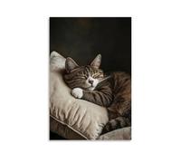 LXPPLSYY A Contented Cat Curled Tightly Into A Ball Atop A Velvet Cream Pillow, Captured in The Timeless Stillness of Sleep. Décoration murale moderne à suspendre, 60 x 90 cm