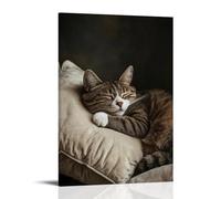 LXPPLSYY A Contented Cat Curled Tightly Into A Ball Atop A Velvet Cream Pillow, Captured in The Timeless Stillness of Sleep. Décoration murale moderne à suspendre, 60 x 90 cm